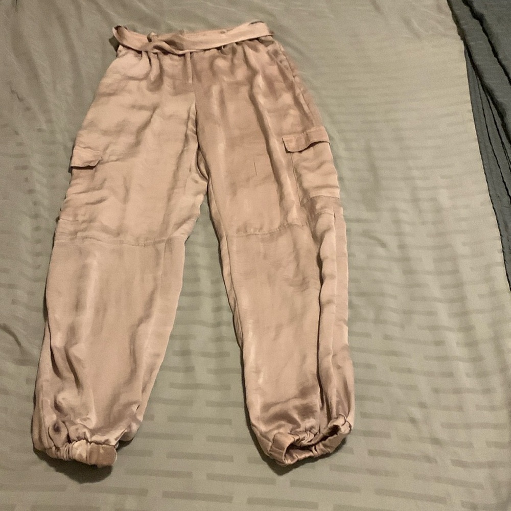 Pink Satin satin cargo parachute style pants